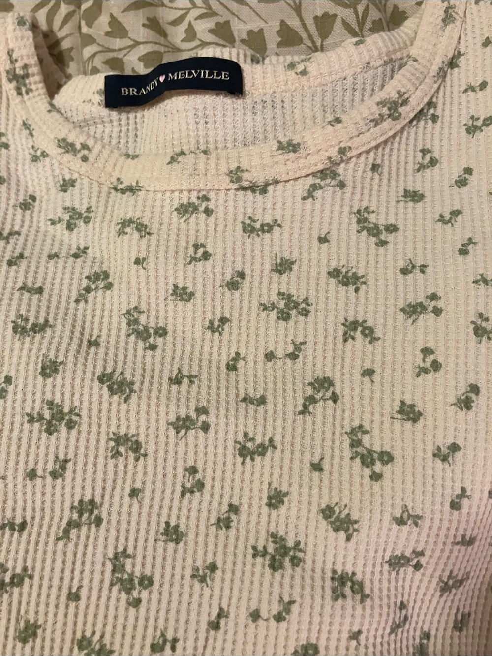 Brandy Melville Cream Waffle-Knit Top with Green Floral Print